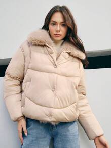 Anewsta Short Padded Coat With Collar - Beige - View 7