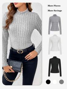 SHEIN Essnce 3pcs High Neck Solid Color Waffle Knit Long Sleeve T-shirt - Multicolor - View 4