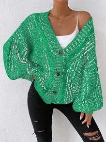 SHEIN Unity 女式寬鬆落肩鈕扣拼接針織開衫 - 綠色 - 查看 6