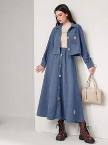 Seusyu Letter Patched Shirt And Skirt Two Pieces Set 2 Pieces Set - Blue - View 1