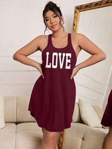 Plus Size Sleeveless Text Pattern Casual Home Pajama Dress - Burgundy - View 4