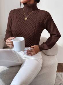 EURMUSE Turtleneck Cable Knit Sweater - Khaki - View 4