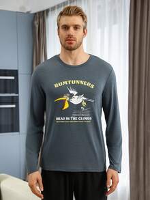 Men's Cartoon Letter Printed Homewear Top - Grey - View 5