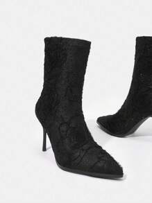 1pair Back Zipper High-heeled Fashionable Boots - Black - View 2