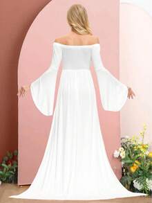 Maternity Off Shoulder Split Thigh Dress - White - View 2