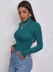 Cloudara High Neck Form Fitted Tee - Dark Green - View 5