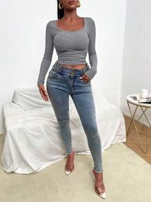 RueChic Camiseta corta de cuello scoop con cordón lateral - Gris Claro - Ver 3