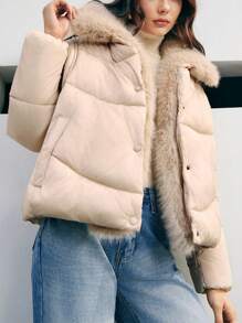 Anewsta Short Padded Coat With Collar - Beige - View 6