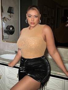 SHEIN SXY 女士加大號立領鑲鑽馬甲 - 駝色 - 查看 3