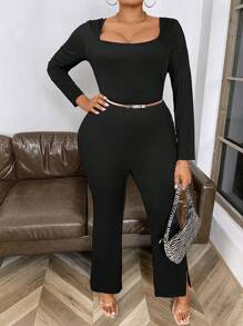 Maweii 女士加大碼純色寬褲連身裝,高領分叉款式 - 黑色 - 查看 3