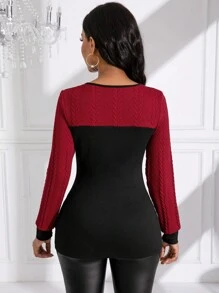 SHEIN Clasi Khối màu Có nút Áo thun - Màu Đỏ Sâu - Xem 2