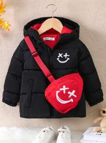 Abrigo acolchado con capucha y estampado de dibujos animados, con bolsa, para niño pequeño - Negro - Ver 1
