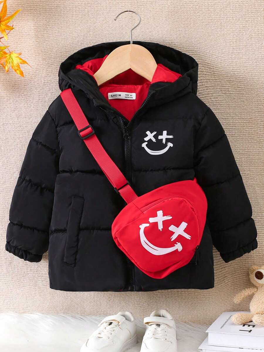 Abrigo acolchado con capucha y estampado de dibujos animados, con bolsa, para niño pequeño - Negro - Ver 1