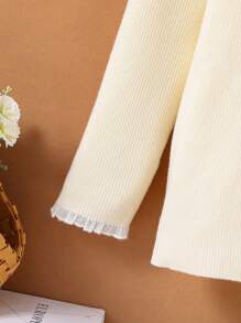 SHEIN Girls' Lace Hemmed Knitted Sweater With Decorative Collar & Cuffs - Beige - View 4