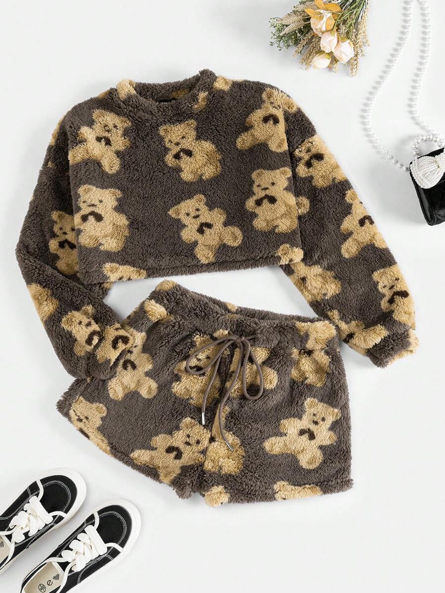 SHEIN Qutie Conjunto De Dos Piezas De Forro Polar Con Estampado De Oso - Café integral - Ver 1