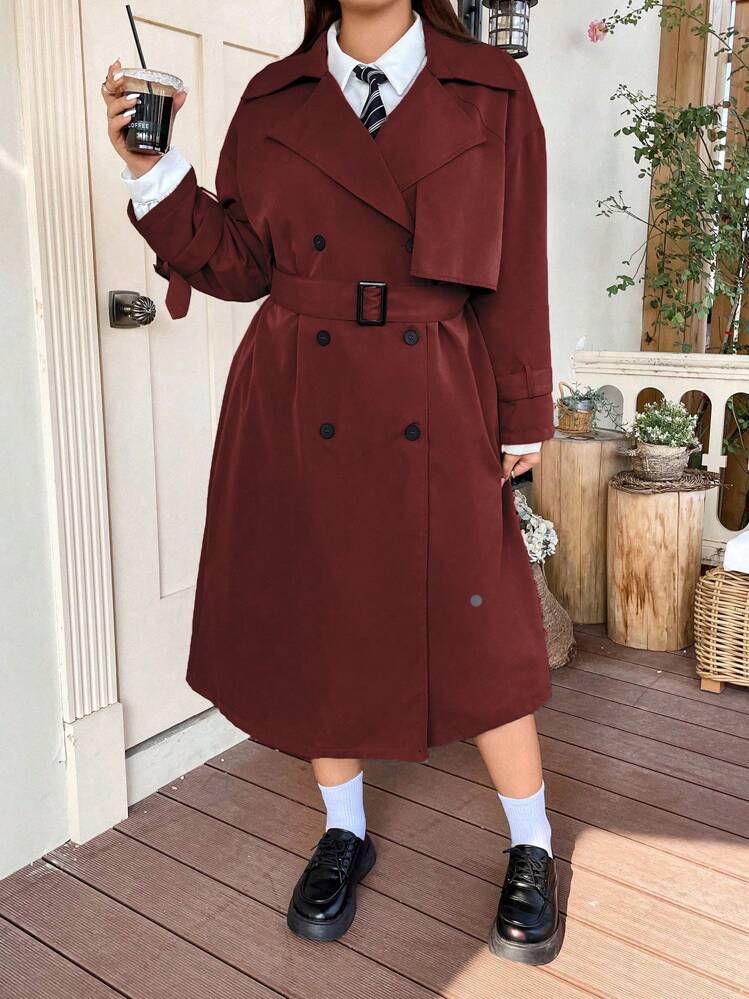 Flirla Manteau Long Pour Femme De Grande Taille À Double Boutonnage, Avec Col Rabattu Et Ceinture - Rouge foncé - Voir 4