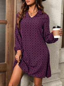 SHEIN LUNE In toàn bộ Tay áo lồng đèn Đầm - Màu xanh hải quân - Xem 1