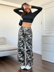 SHEIN EZwear Của phụ nữ Ngụy trang Dệt Quần Cargo - Nhiều màu - Xem 5