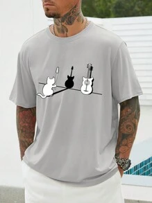Manfinity Homme 男款加大尺碼貓和吉他印花短袖t恤 - 淺灰色 - 查看 1