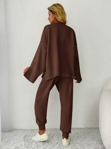 EURMUSE 2pcs Beaded Slit Sleeves Sweater And Solid Color Slim Fit Sweater Pants - Chocolate Brown - View 2