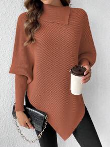 SHEIN Clasi 女款純色羅紋針織不對稱下擺蝙蝠袖毛衣 - 咖啡棕 - 查看 1