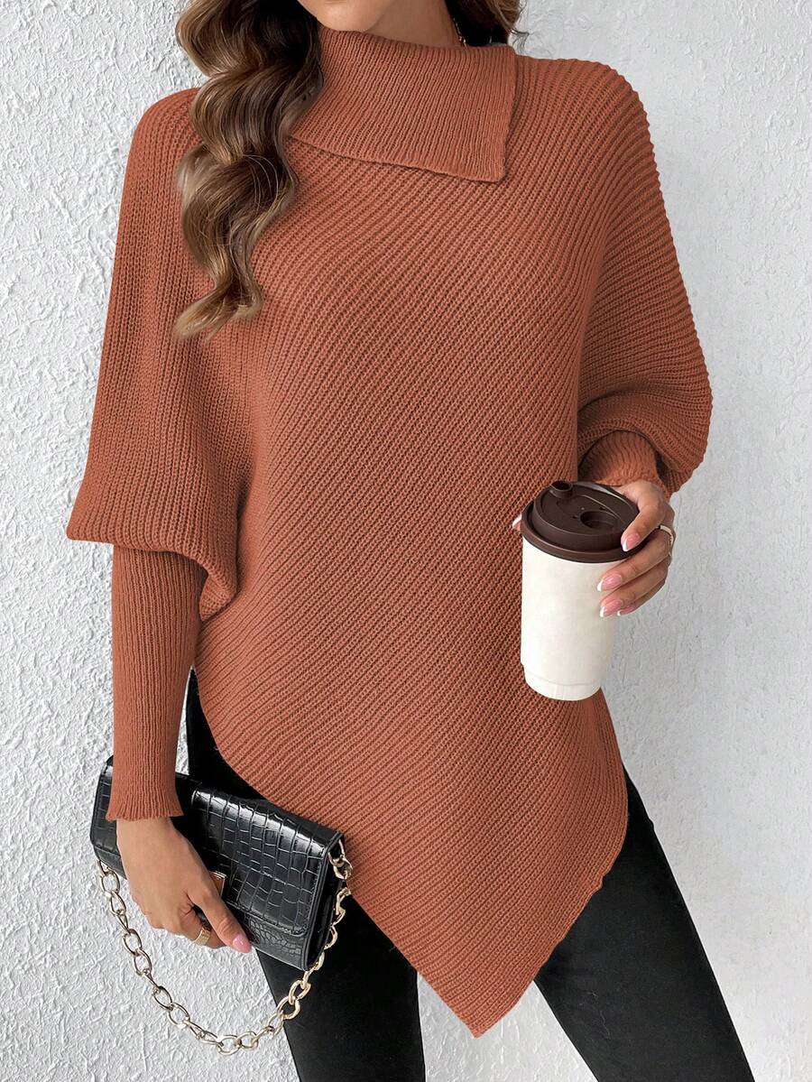 SHEIN Clasi 女款純色羅紋針織不對稱下擺蝙蝠袖毛衣 - 咖啡棕 - 查看 1