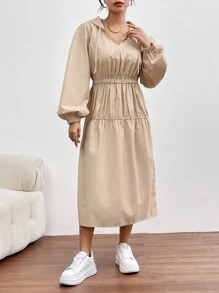 SHEIN Essnce Vestido De Mujer Con Capucha Y Mangas De Linterna Con Cordón Y Color Sólido - Caqui - Ver 3