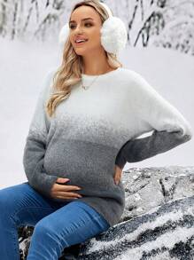 SHEIN 孕妇优雅修身渐变色长袖圆领落肩毛衣，适合冬季