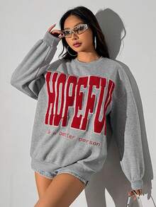 SHEIN Unity Của phụ nữ Thả vai In thư Áo chui đầu Hoodie Với Vá lại - Xám - Xem 4