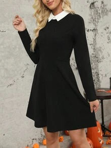 Halloween Wednesday Cosplay Costumes Peter Pan Collar Adams Black Dress Long Sleeves - Black - View 3