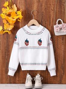 SHEIN Toddler Girls' Strawberry Pattern Raglan Sleeve Sweater - Apricot - View 1
