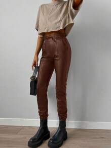 EURMUSE Pantalones de cintura con cordón de recubierto - Marrón - Ver 5