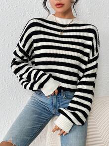 SHEIN Essnce Sọc Thả vai Áo len - Đen và trắng - Xem 6