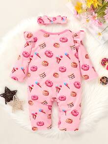 Baby Girl Donut Print Bow Front Ruffle Trim Bodysuit & Headband - Baby Blue - View 2