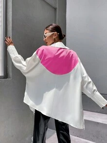SHEIN Essnce 長袖拼色襯衫 - 玫紅色 - 查看 2