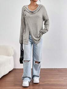 SHEIN Essnce 連帽門襟羅紋t卹 - 杏色 - 查看 5