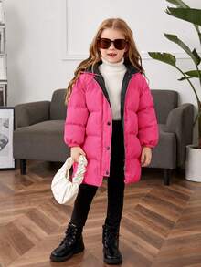 SHEIN Áo khoác dài vừa vặn có mũ trùm đầu màu trơn cho bé gái - Màu Hồng Tươi - Xem 2