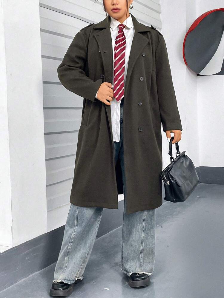 Plus Size Solid Color Lapel Double Breasted Woolen Coat Fall Cloth For Women