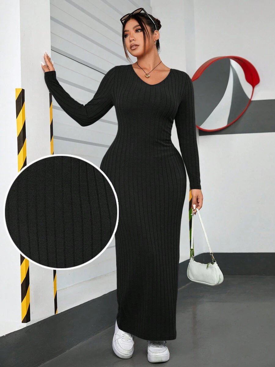 SHEIN EZwear 加大尺碼實色V領修身長裙 - 黑色 - 查看 1