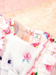 兔子圖案可愛連衣裙,配有荷葉邊襯邊裝飾的嬰兒女裝 - 彩色 - 查看 3