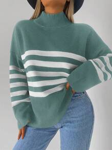 EURMUSE Pullover mit Streifen Muster, Drop Shoulder - Minzgrün - Übersicht 5