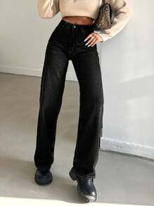 EURMUSE High Waisted Straight Leg Jeans - Black - View 1