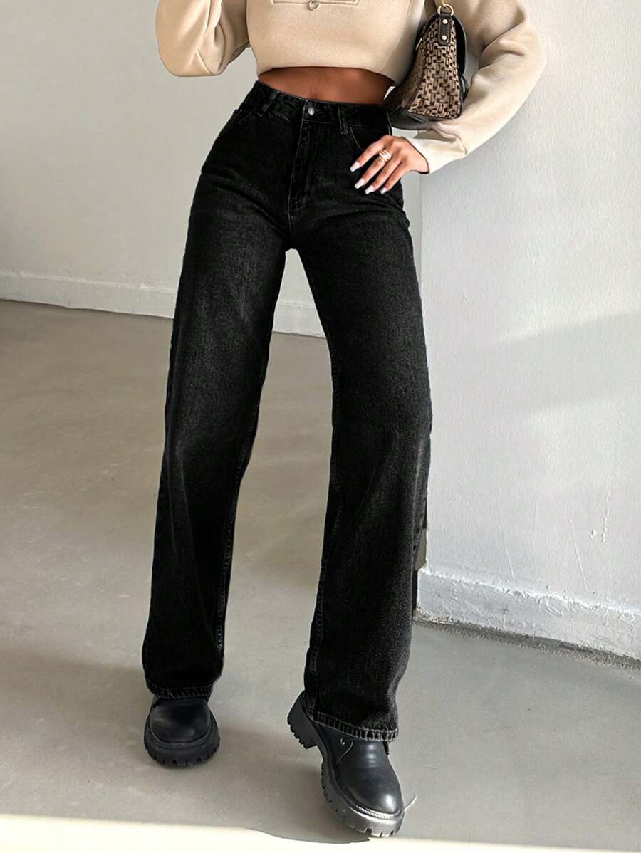 EURMUSE High Waisted Straight Leg Jeans - Black - View 1