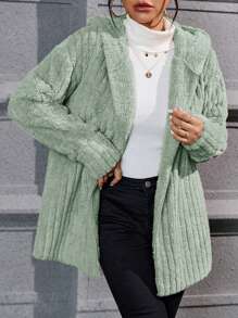 SHEIN Essnce Shein Women Flannels Khaki Color Printed Sherpa Collar Button Front Hooded Casual Regular Jacket - Green - View 1