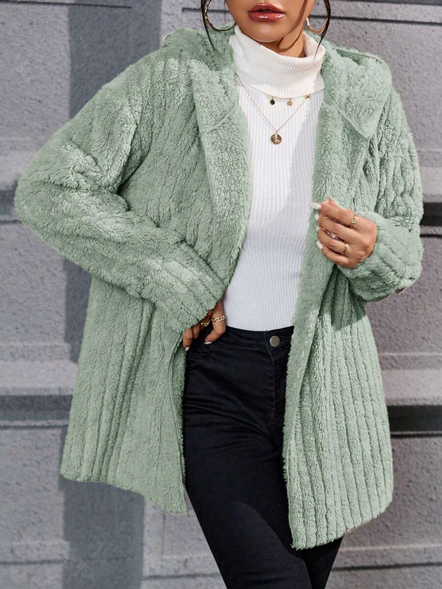 SHEIN Essnce Shein Women Flannels Khaki Color Printed Sherpa Collar Button Front Hooded Casual Regular Jacket - Green - View 1