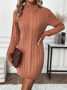 SHEIN Privé 花卉圖案針織半高領毛衣裙 - 駝色 - 查看 5