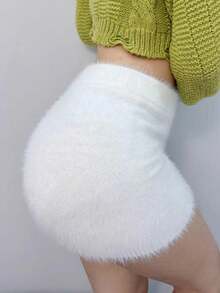 SHEIN Allurite 女水貂毛針織短褲 - 白色 - 查看 3