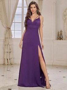 SHEIN Belle Vestido De Dama De Honor Para Adulto Con Cuello En V, Doble Correa Y Abertura Alta