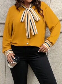 SHEIN Clasi Kích thước lớn Của phụ nữ Sọc In Áo sơ mi Với Tie Trước Vòng cổ - Màu vàng - Xem 1