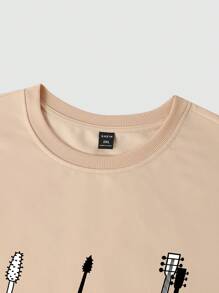 Manfinity Homme 男式加大尺寸貓和吉他印花短袖t恤 - 卡其色 - 查看 4